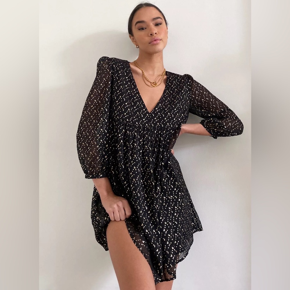 Sunday Best Aritzia Jinx Long Sleeve V Neck Black Gold Babydoll Dress Size XS